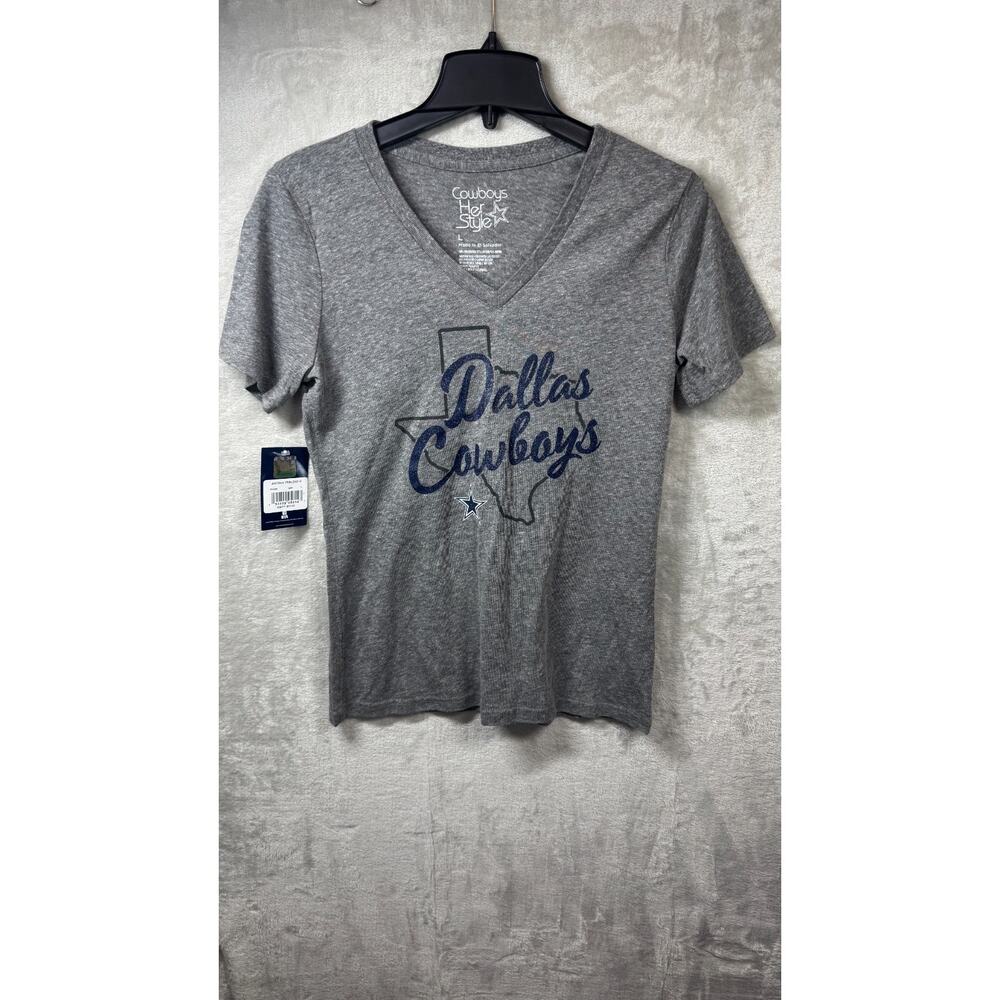 NFL Dallas Cowboys Her Style NEW Womens Large Gray Football V-Neck Stretch Logo